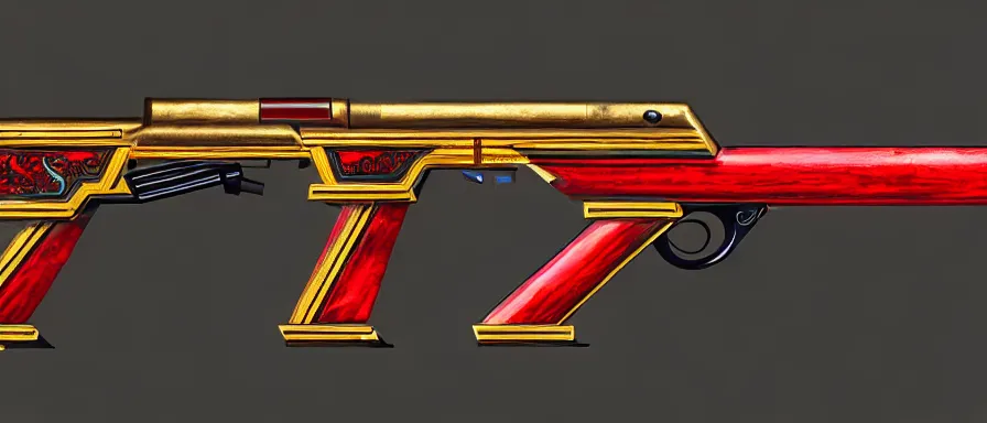 Image similar to a magical shotgun made from glossy red - painted wood and elements of gold metalwork, antique, sawed - off, double - barreled, glowing with blue elertcicity, video game concept art