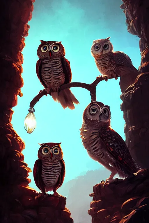 Prompt: portrait of a rock band made up of anthropomorphic owls, dramatic lighting, highly detailed, digital painting, artstation, concept art, smooth, sharp focus, illustration, art by wlop, mars ravelo and greg rutkowski