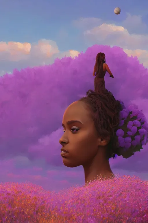 Image similar to portrait, giant lilac flower as head, black woman in heather field, surreal photography, golden hour, colorful clouds, impressionist painting, digital painting, artstation, simon stalenhag