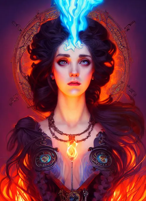 Prompt: the goddess hestia, hair on fire, steampunk, glowing eyes, beautiful eyes, volumetric lights, red and cyan theme, art nouveau botanicals, intricate, highly detailed, digital painting, artstation, concept art, smooth, sharp focus, cinematic, illustration, beautiful face, art by artgerm and greg rutkowski and alphonse mucha