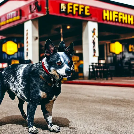 Image similar to blue heeler dog on a motorcycle, 8 k photography, blurred background of a wafflehouse