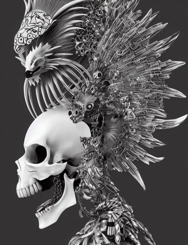 Image similar to 3 d goddess close - up profile simple portrait punk skull with mohawk with ram skull. beautiful intricately detailed japanese crow kitsune mask and clasical japanese kimono. betta fish, jellyfish phoenix, bio luminescent, plasma, ice, water, wind, creature, artwork by tooth wu and wlop and beeple and greg rutkowski