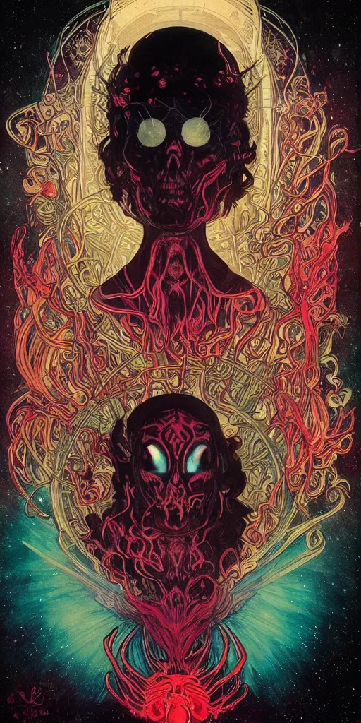 Image similar to intense glowing black metal pagan god with spider eyes and spider legs with a skull in very dark cosmic nebula by josan gonzales and moebius and alphonse mucha, portrait, light beams, lens flare, studio muti, malika favre, rhads, makoto, black and red and teal