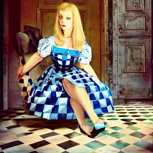 Prompt: alice in the wonderland, sitting, checkered floor, chair, blue dress, door blonde by cheval michael