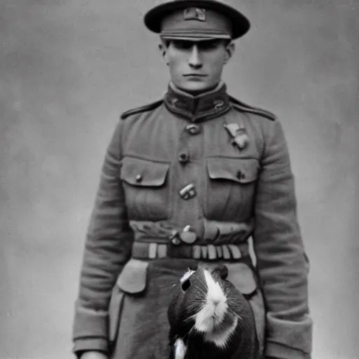 Prompt: a guinea pig wearing a ww1 russian uniform, standing in a trench, black and white photograph, grainy