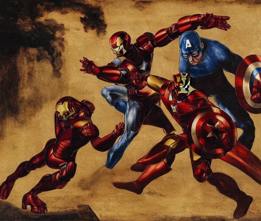 Image similar to oil painting of a fight between Iron man and captain America by Leonardo da Vinci