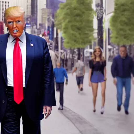 Prompt: Giant Donald Trump walking in city with small people photorealistic 4k detailed