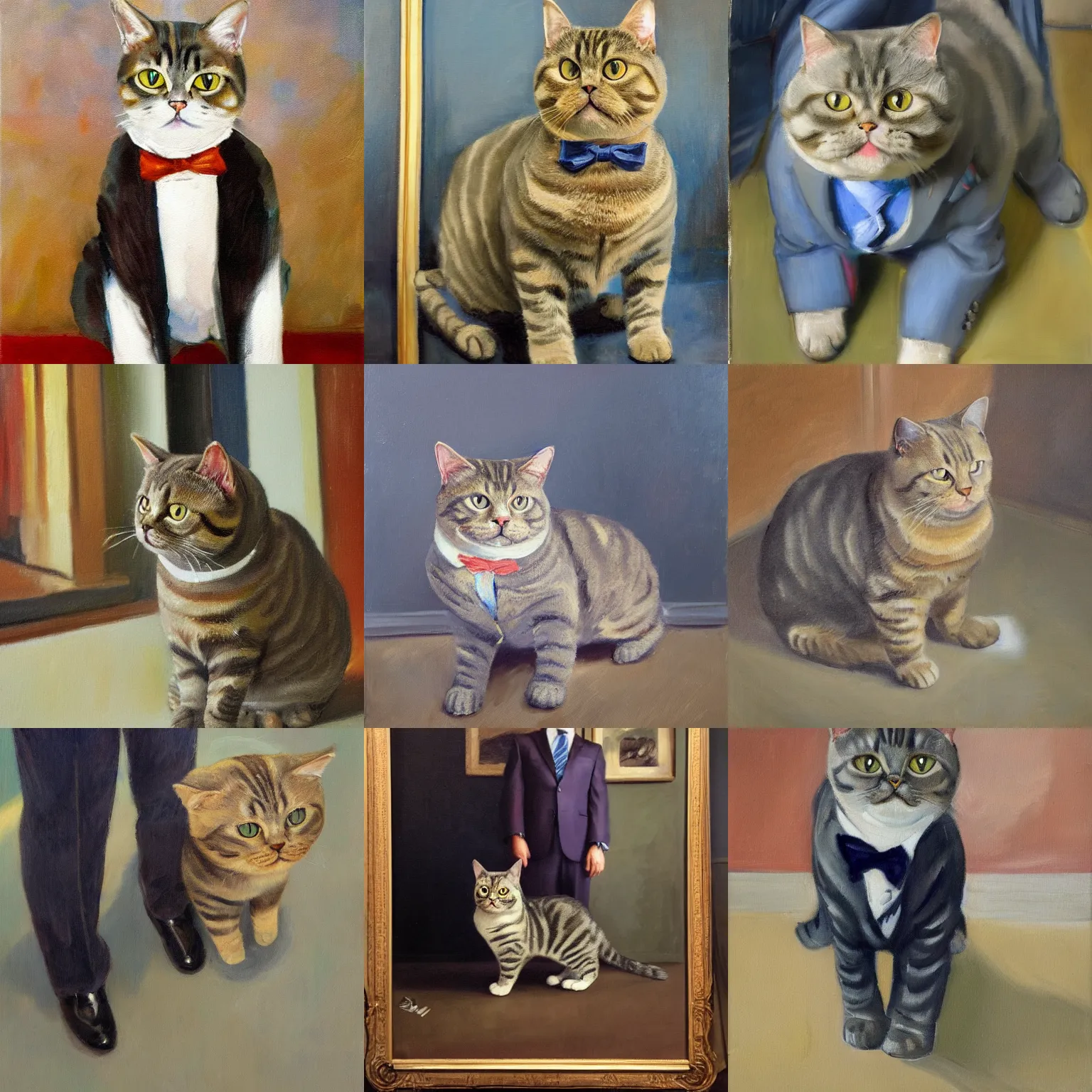 Prompt: An impressionist oil painting of a Full length Portrait of a tabby British shorthair cat in a suit, wide angle