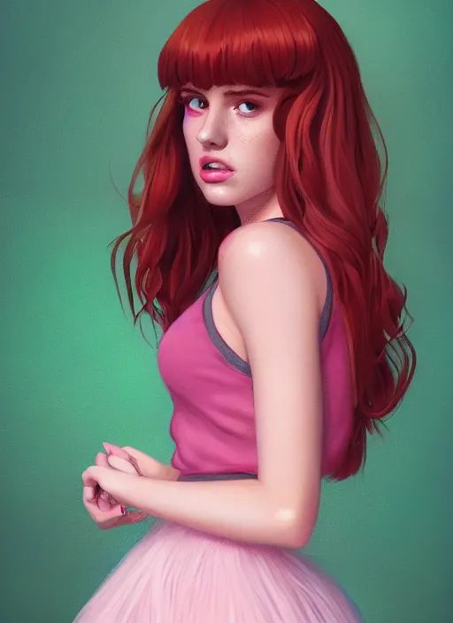 Prompt: full body portrait of teenage cheryl blossom, bangs, green eyes, sultry expression, red hair, sultry smirk, bangs and wavy hair, pink skirt, bangs, intricate, elegant, glowing lights, highly detailed, digital painting, artstation, concept art, smooth, sharp focus, illustration, art by wlop, mars ravelo and greg rutkowski