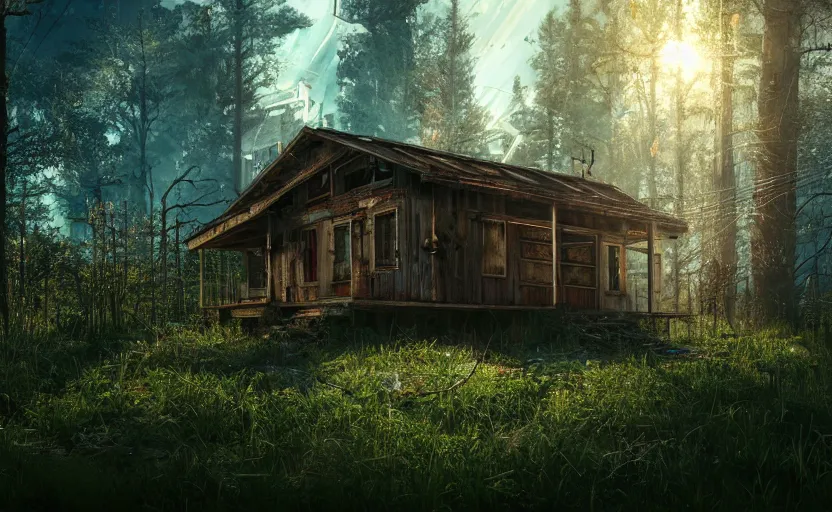 Image similar to photorealistic abandoned cyberpunk rustic metal cabin in a lush forest. daylight. sunlight. lens flare. light fixtures. 8K. detailed. photorealism. artstation. 25mm f/1.7 ASPH Lens. ultra realistic