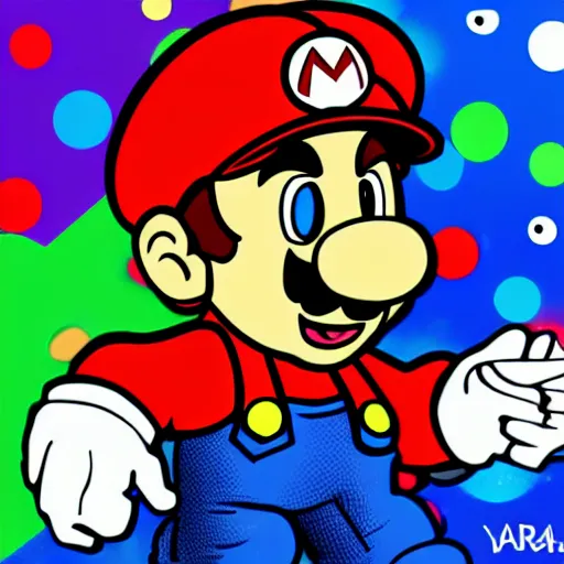 Image similar to svg sticker of a Pop-Wonder SuperMario, Mario-Wearing-a-red-hat, at a rave, spinning records, giant headphones rocking out, wearing headphones, huge speakers, dancing, rave, DJ, spinning records, digital art, amazing composition, rule-of-thirds, award-winning, trending on artstation, featured on deviantart