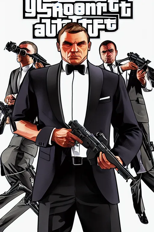 Prompt: GTA V cover art based on James Bond, starring 007 James Bond