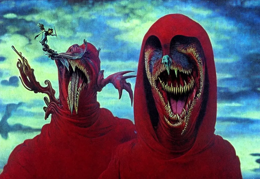 Image similar to realistic detailed portrait movie shot of a screaming birdman wearing black robes, sci fi landscape background by denis villeneuve, amano, yves tanguy, alphonse mucha, ernst haeckel, max ernst, roger dean, masterpiece, rich moody colours, snarling dog teeth, blue eyes