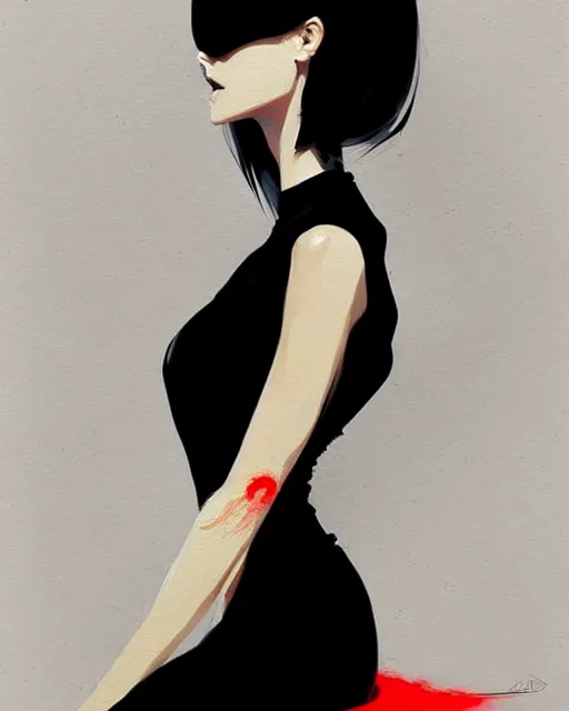 Prompt: a ultradetailed beautiful panting of a stylish woman in a black dress sitting, by conrad roset, greg rutkowski and makoto shinkai trending on artstation