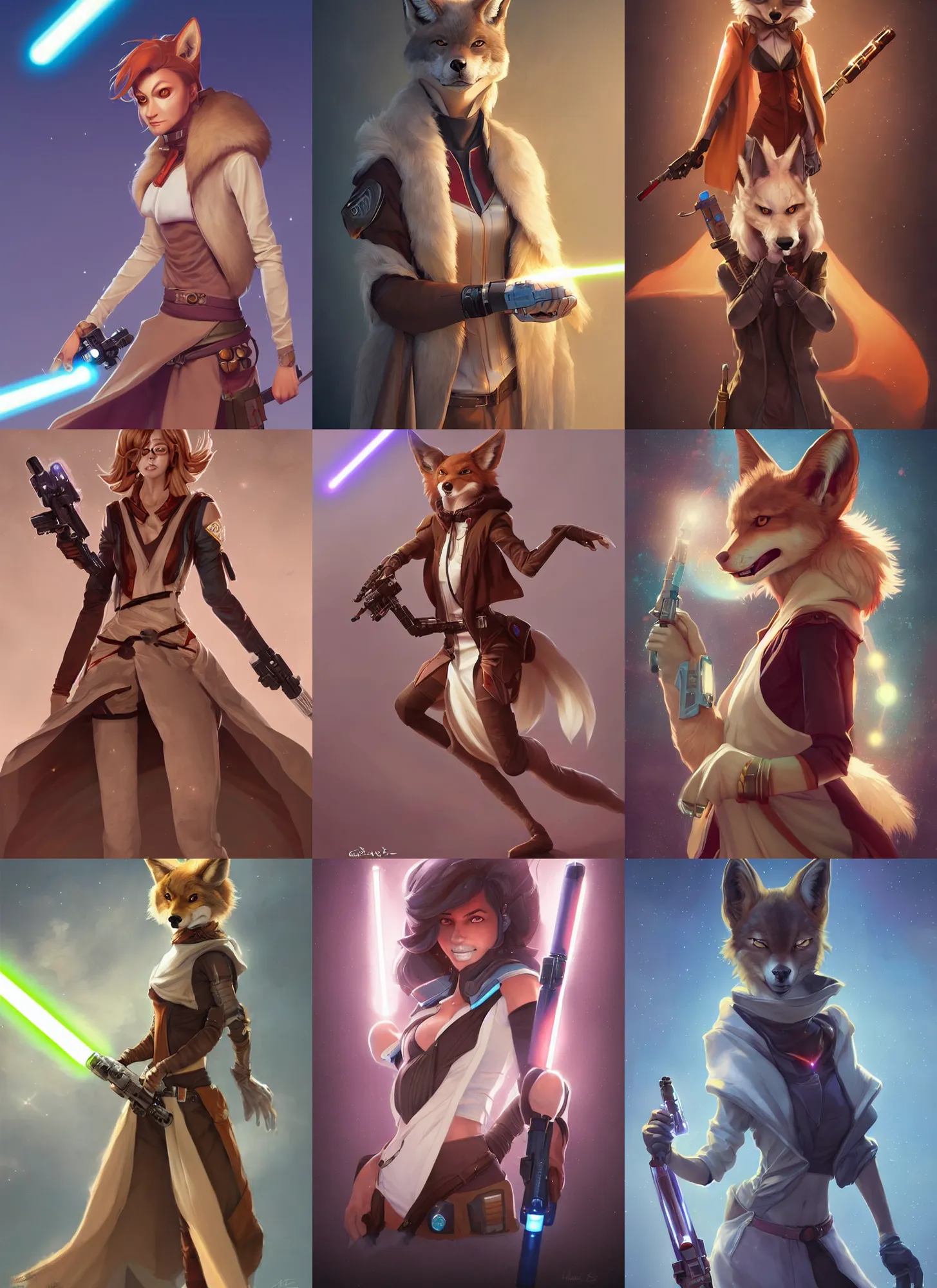 Prompt: beautiful portrait of a female anthropomorphic coyote fursona wearing sexy jedi robes wielding a blaster laser pistol. character design by charlie bowater, ross tran, artgerm, and makoto shinkai, detailed, soft lighting, rendered in octane