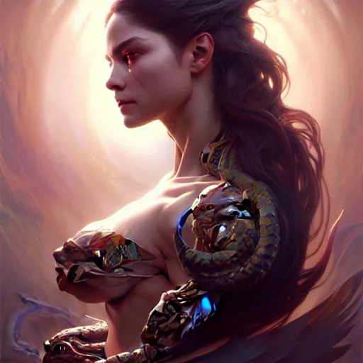 Image similar to portrait painting of a human fusion with a dragon, ultra realistic, concept art, intricate details, eerie, highly detailed, photorealistic, octane render, 8 k, unreal engine. art by artgerm and greg rutkowski and charlie bowater and magali villeneuve and alphonse mucha