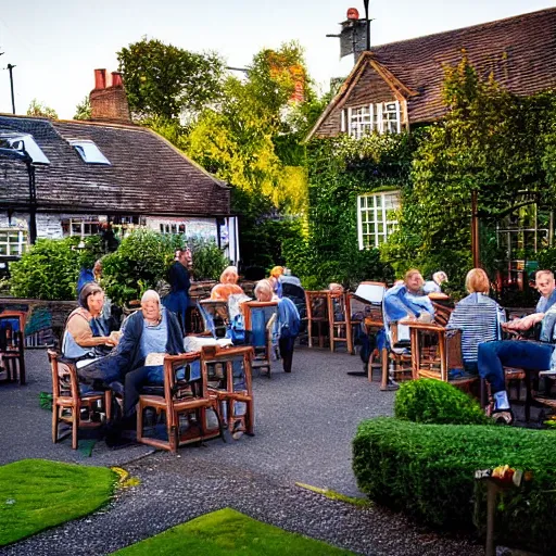 Image similar to an english pub garden at golden hour, people are drinking pints of lager and smoking cigarettes