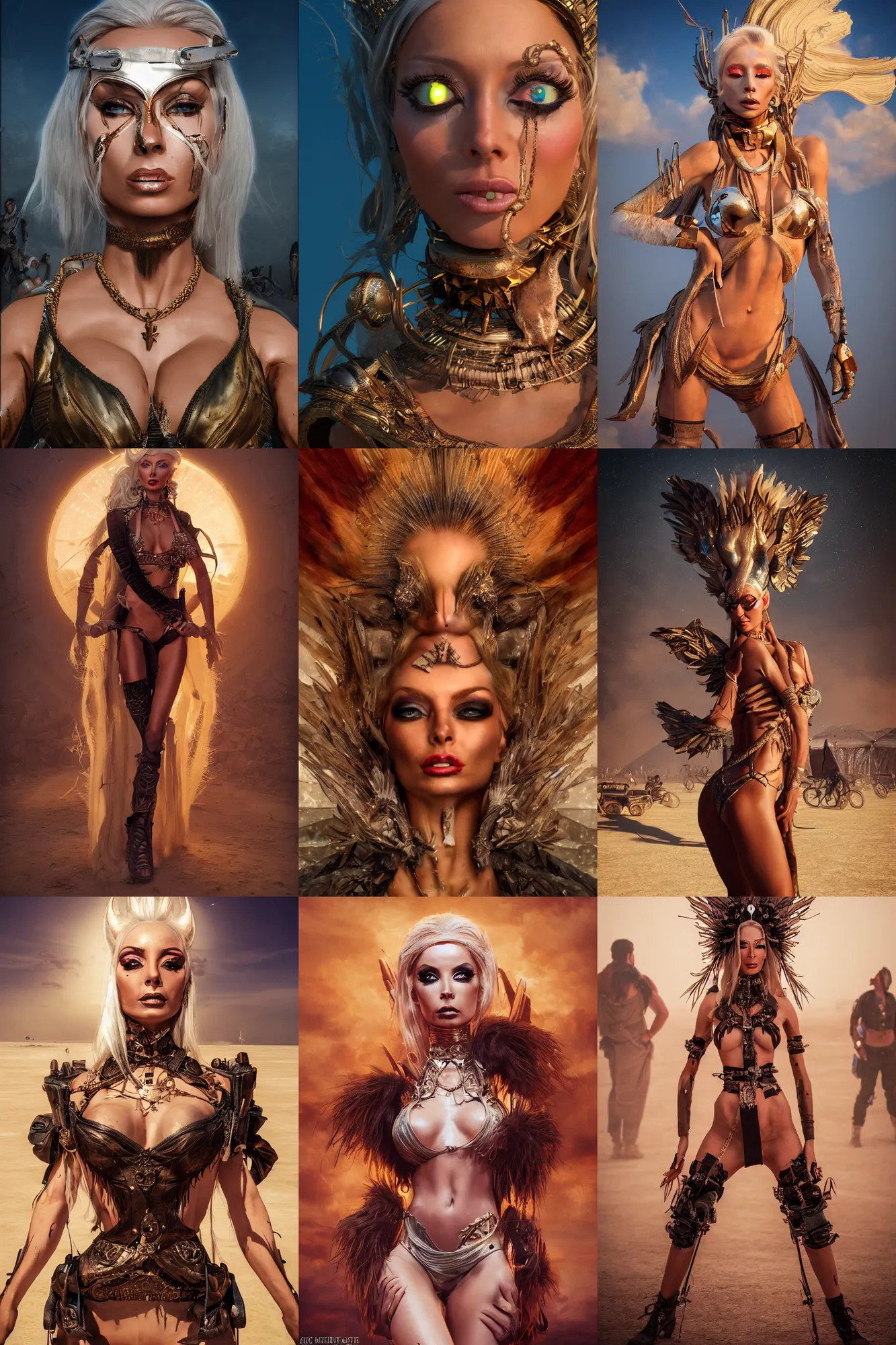 Prompt: a centered photo of a post apocalyptic isabelledeltore as a supermodel goddess at burning man festival playa, powerful, cinematic, beautifully lit, by artgerm, by karol bak, 3 d, perfect face and body, trending on artstation, octane render, 8 k