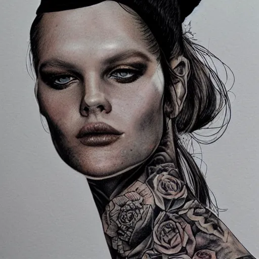 Image similar to a beautiful portrait of a heavily tattooed Runway model Travis Charest style