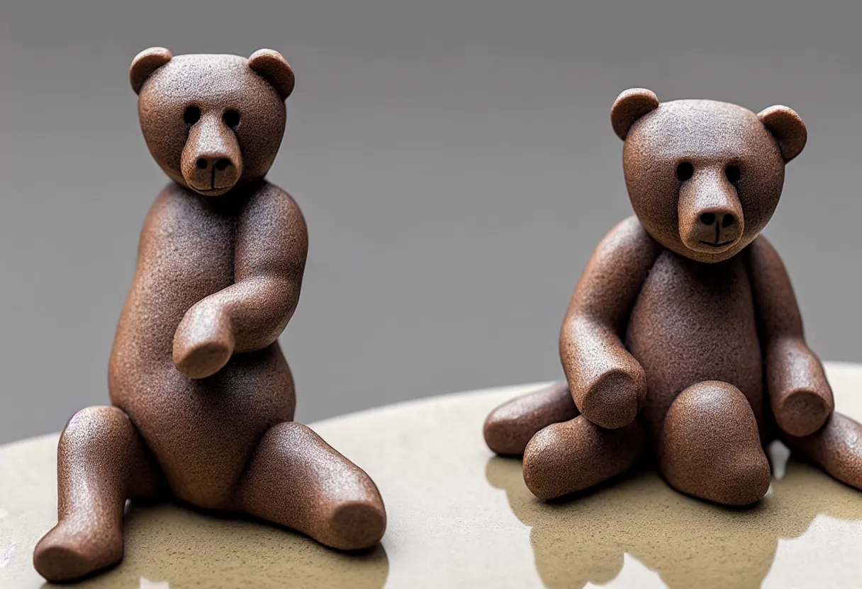 Image similar to clay bear figurine stylized on a marble table, hyper realism, low depth of field