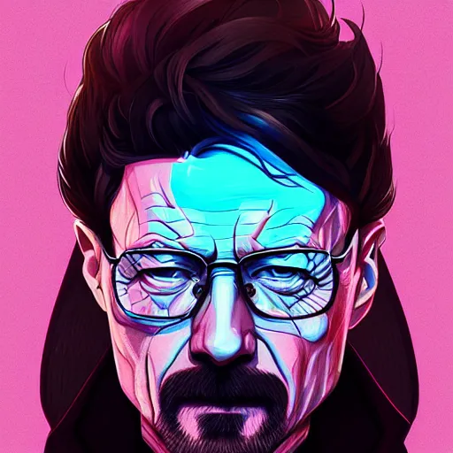 Image similar to high quality illustration, walter white realistic portrait, cyberpunk colors, vaporwave, retro, neotrad, lois van baarle, moebius, digital painting, james jean