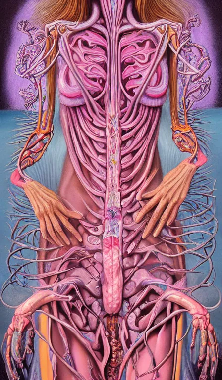 Image similar to a biomorphic painting of the high priestess tarot card, a anatomical medical illustration by nychos and alex grey, cgsociety, neo - figurative, pastel blues and pinks, detailed painting, rococo, oil on canvas, lovecraftian