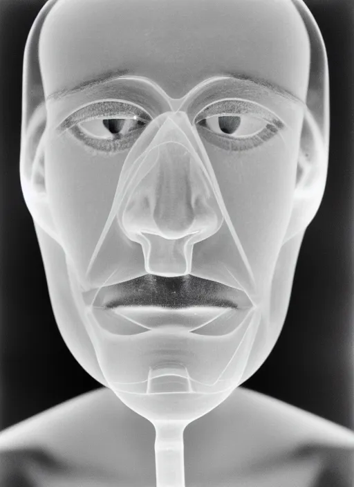 Image similar to realistic object photo of a face made pure transparent plastic white, bokeh, grain, man ray, x - ray, electronic microscope, front view, symmetric 1 9 9 0, life magazine photo