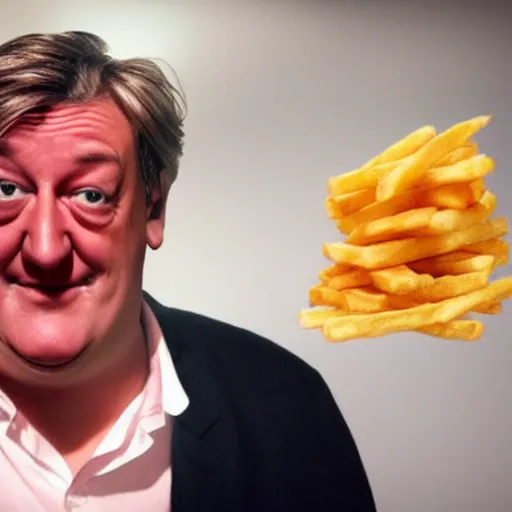 Image similar to photo of [ a single french fry chip ] shaped into stephen fry as a pixar character hybrid intercross mix cinematic lighting