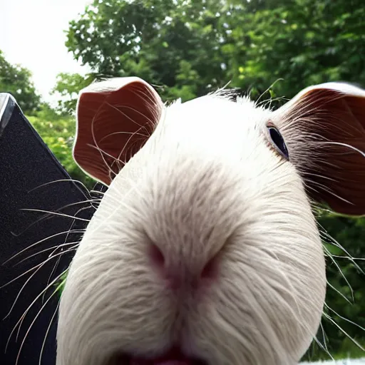 Image similar to a Guinea pig taking a selfie in front of a burning house