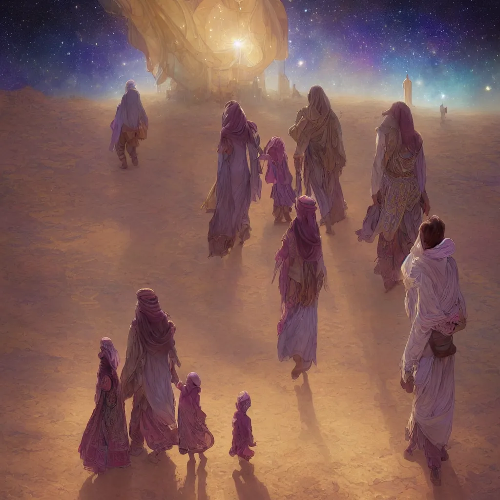 Image similar to bedouin man and woman and child in galaxy walking towards mosque surrounded by nebula, highly detailed, gold filigree, romantic storybook fantasy, soft cinematic lighting, award, disney concept art watercolor illustration by mandy jurgens and alphonse mucha and alena aenami, pastel color palette, featured on artstation