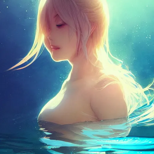 Image similar to blonde anime girl, underwater in the ocean at night, atmospheric, volumetric lighting, glowing lights, 4k, octane, digital painting, artstation, concept art, sharp focus, illustration, art by artgerm and greg rutkowski and alphonse mucha