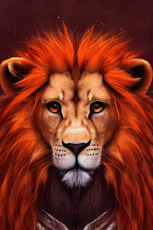 Image similar to portrait of a lion man warrior, fursona, furry art, anthro, light orange fur, detailed long dark orange mane, orange eyes, anime key visual, makoto shinkai