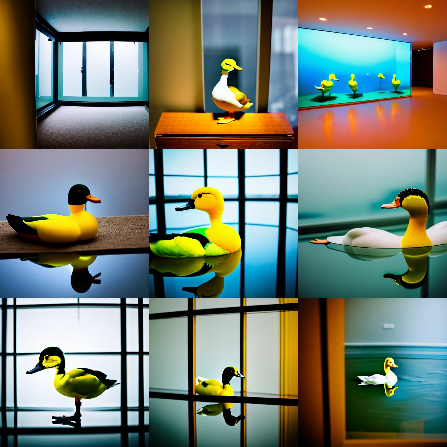 Prompt: a photo of a [ gallery room ] [ transparent glassy duck foreground ], professional photography, sony alpha