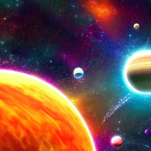 Image similar to an ultradetailed colorful illusturation of a solar system in space by makato shinkai, anime wallpaper 4 k