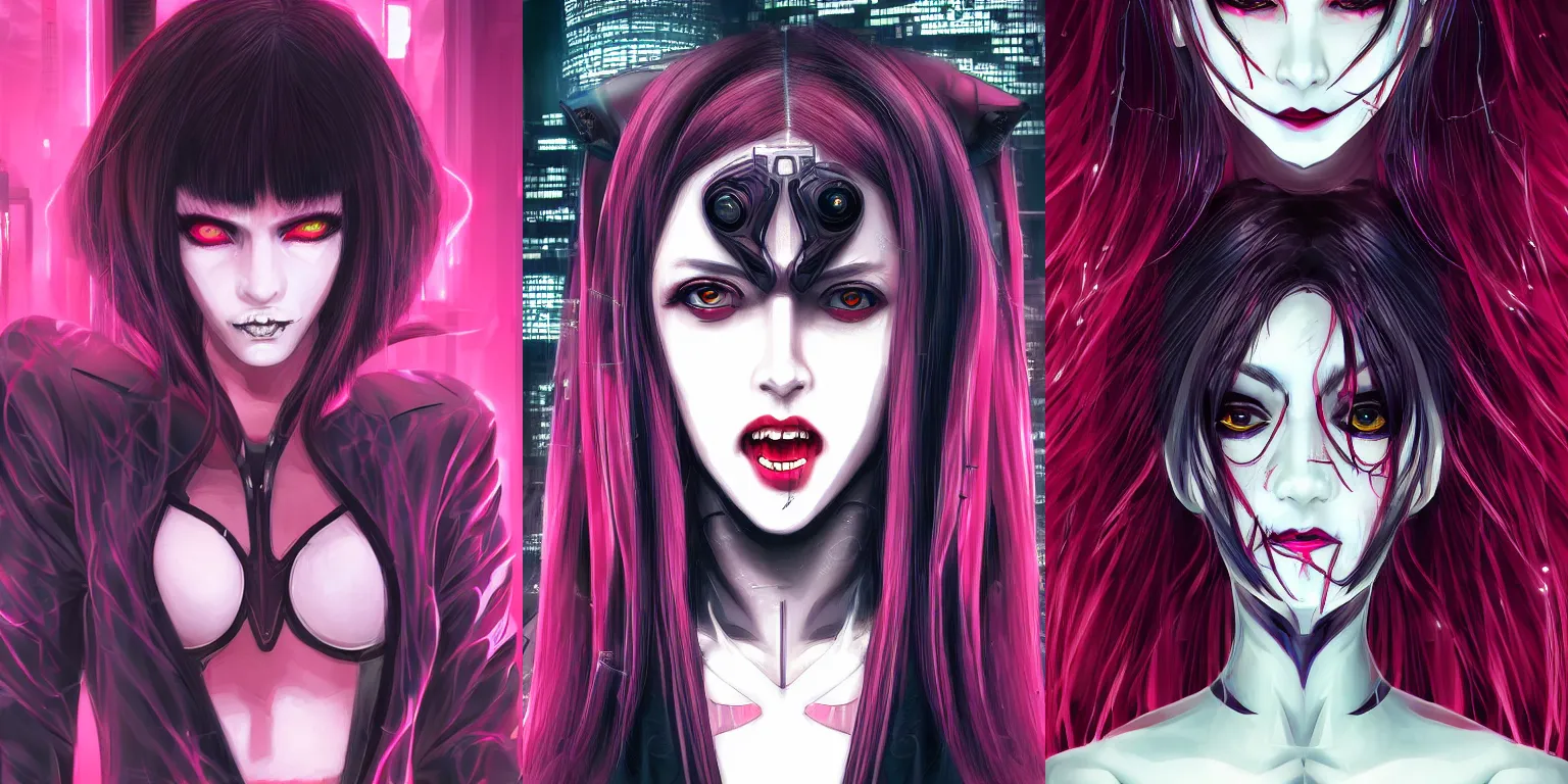 Prompt: awesome futuristic cyberpunk portrait of a beautiful vampire-girl with red eyes and big fangs and cute face, high detailed, artstation, inspire, neon, very beautiful, vaporwave, ultra quality, character design art, scarry but bewitching, by Junji Ito