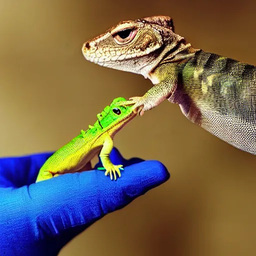 Prompt: small lizard sitting on a human hand