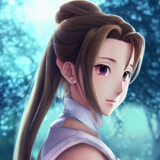 Image similar to portrait of aerith gainsborough, anime fantasy illustration by tomoyuki yamasaki, kyoto studio, madhouse, ufotable, trending on artstation