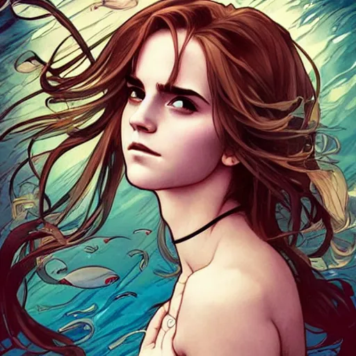 Image similar to emma watson under water, perfect coloring, low saturation, epic composition, masterpiece, bold complimentary colors. stunning masterfully illustrated by artgerm, range murata, alphonse mucha, katsuhiro otomo