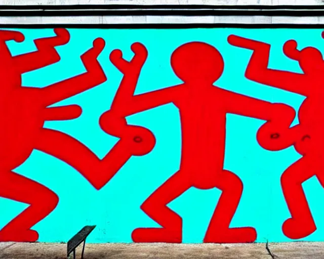 Prompt: gilberto gil street art by keith haring. gilberto gil smiling, eyes closed. bright blue background