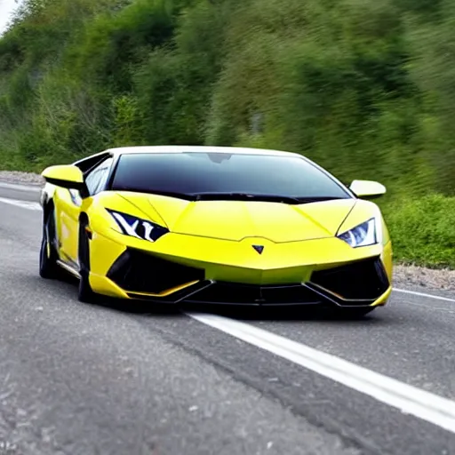 Image similar to Lamborghini driving on highway with three banana peels following directly behind it