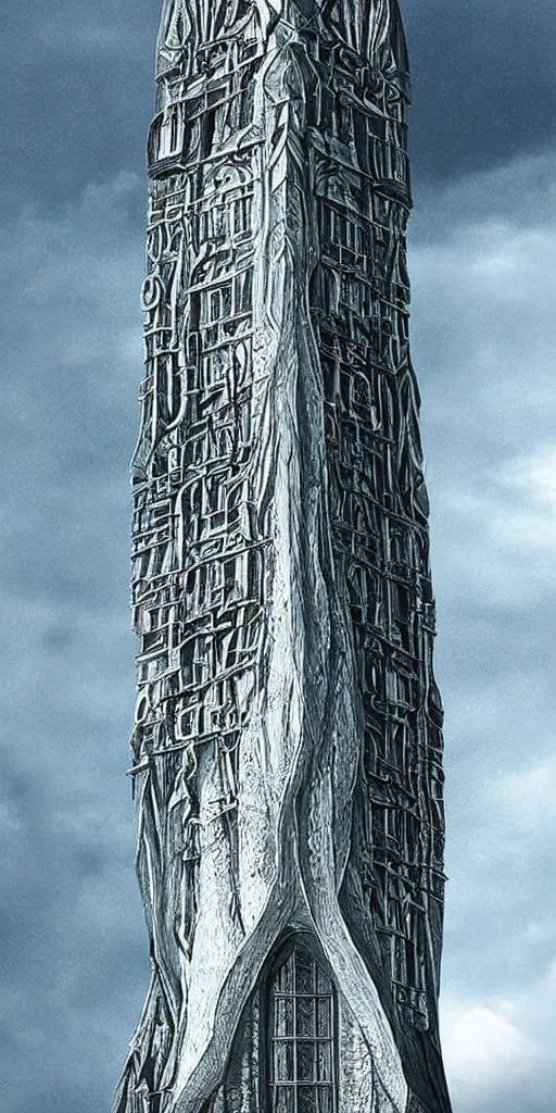 Image similar to elven architecture, tower made of silver, beautiful, tall, digital art