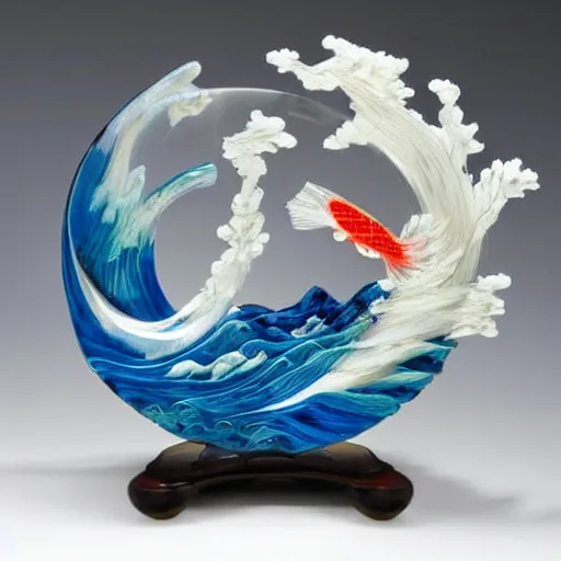 Prompt: a blown glass sculpture of a koi fish on a table in the style of the great wave off kanagawa