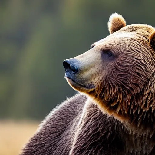 Prompt: a grizzly bear with the head of an owl, nature photography