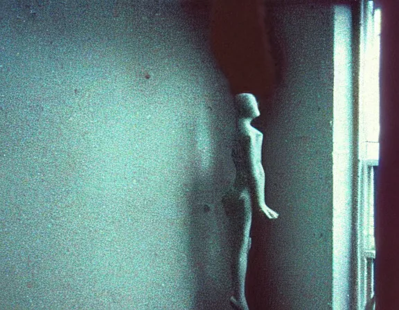 Prompt: small size room with figure film still 1 9 9 2 industrial skin water mold