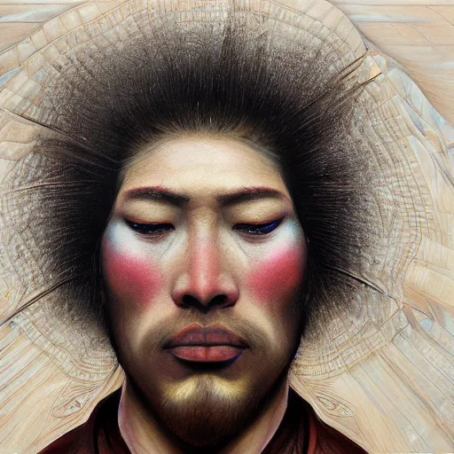 Image similar to a highly detailed radiosity 3d render of a man's face with long hair in kimono, an airbrush painting by David Alfaro Siqueiros, featured on pixiv, metaphysical painting, airbrush art, grotesque, wiccan, unreal engine 5, unreal engine, cryengine