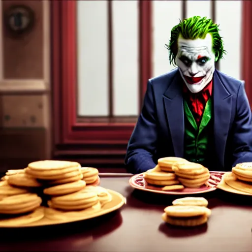 Image similar to cinematic shot of the joker sitting at a table in front of a plate of flour biscuits, 8 k, very detailed, very intricate,