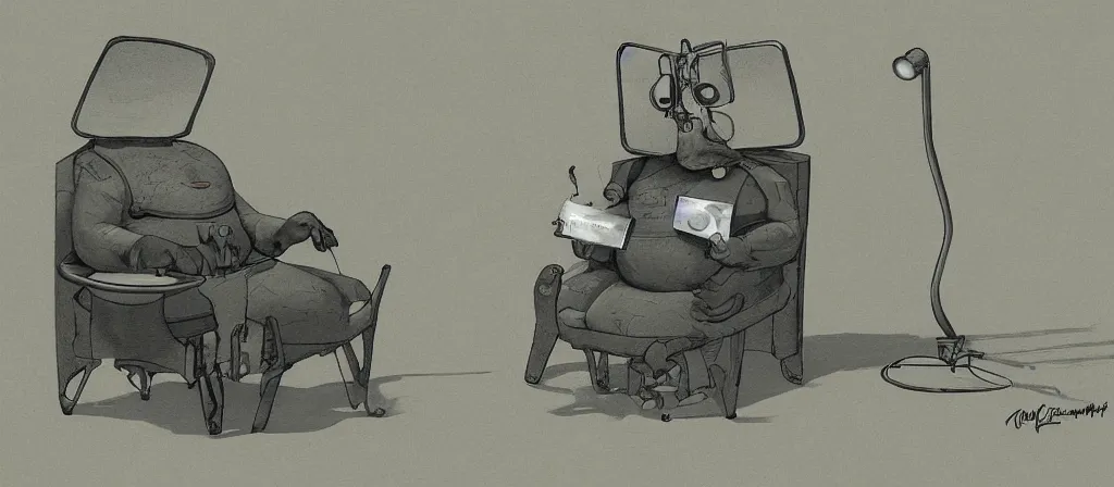 Image similar to fat with glases sitting in a chair to get upload to computer, uploaded, scifi machine, very detailed, award winner on deviantart by geg rutkowski, by madgwick