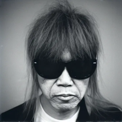 Prompt: keiji haino wearing shades, 3 5 mm film, portrait, by annie liebovitz
