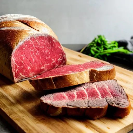 Image similar to a bread made of steak, partially sliced on a wooden cutting board with a cleaver by it\'s side, on a table in a cozy kitchen, 8K, 50mm lens
