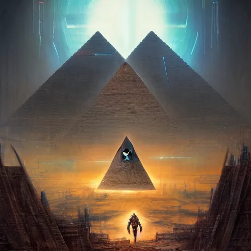 Prompt: a dogon cyberpunk hacker and the pyramid portal by h.r. giger , greg rutkowski and android jones in a surreal portrait style, oil on canvas, 8k resolution